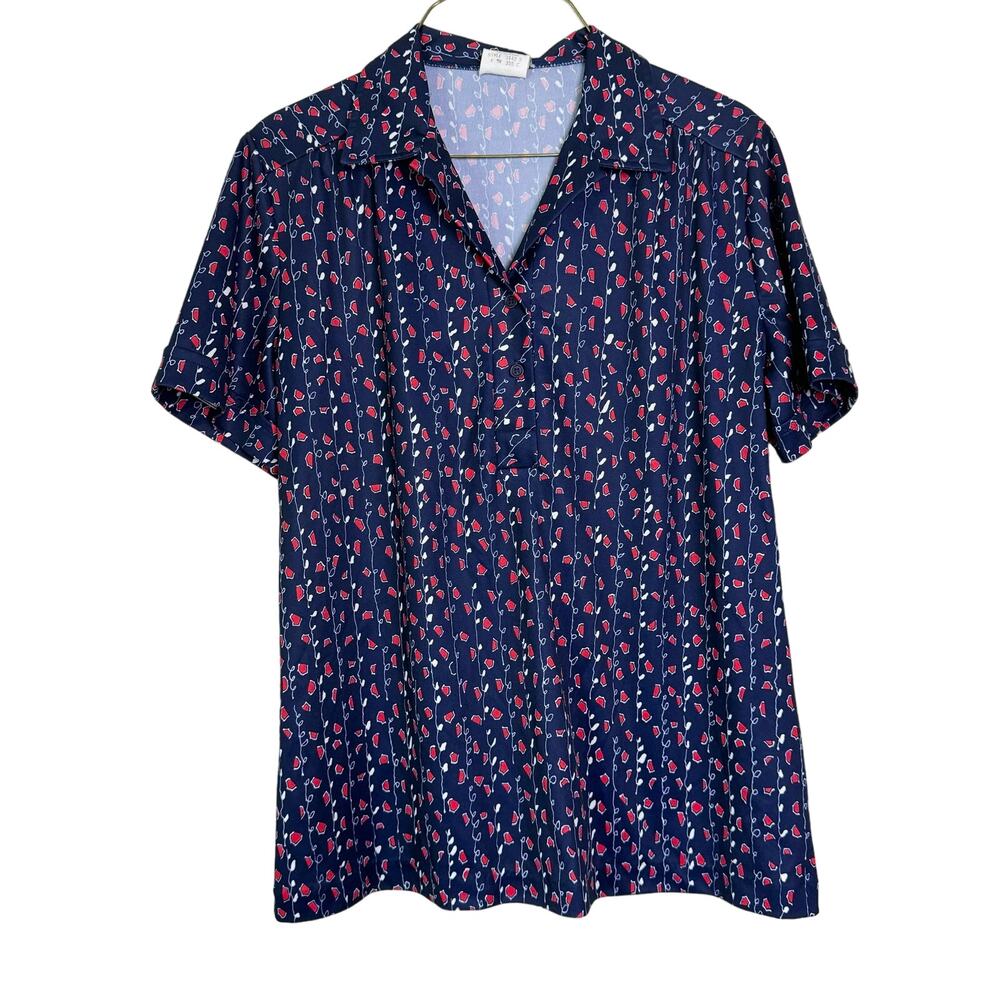 Nikki VINTAGE short sleeve collared v-neck‎ blue red abstract stripe top LARGE
